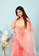 pretty foil print  pink  organza saree with contrast blouse
